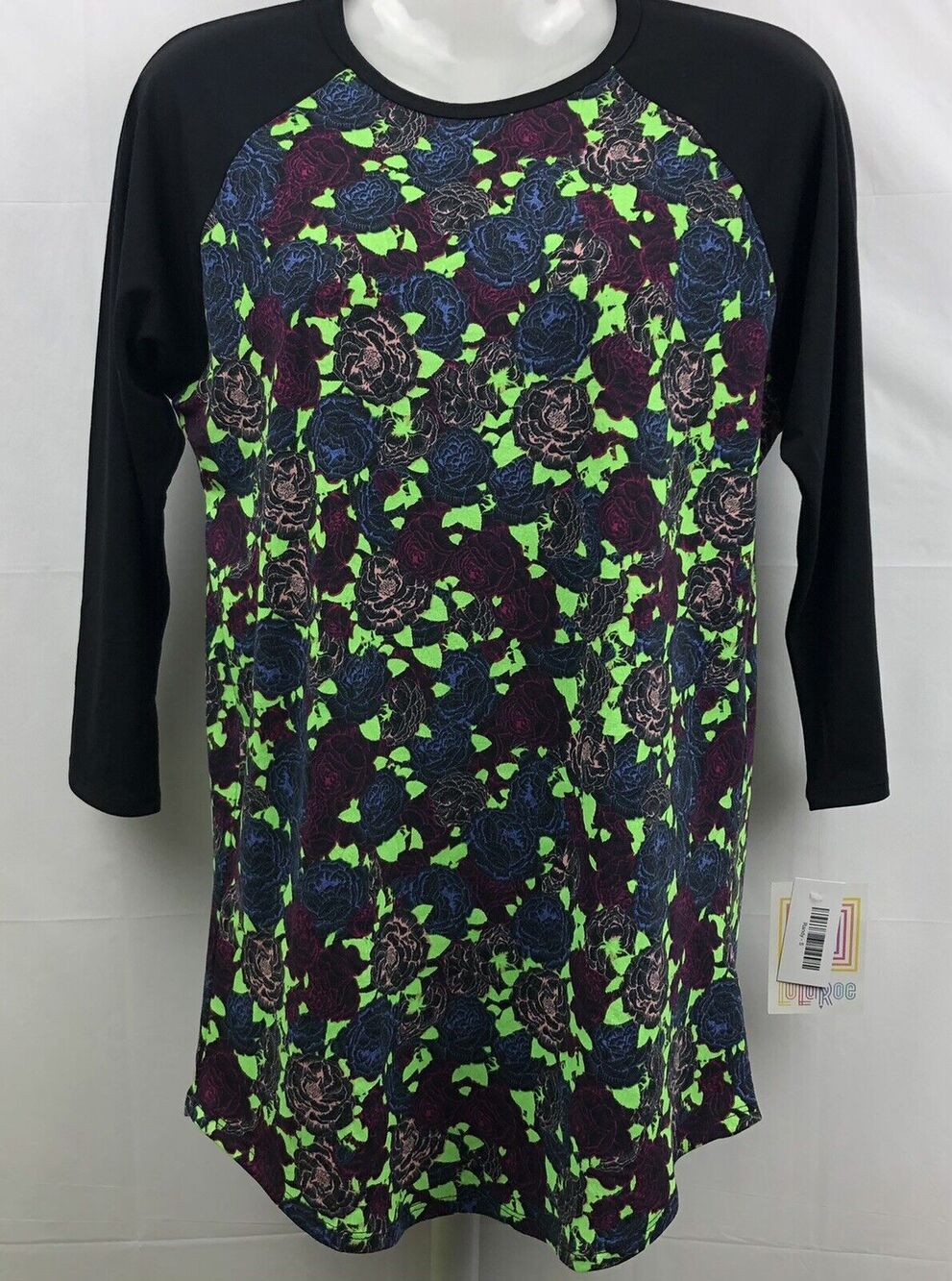 Lularoe Randy Top Woman S Black Neon Roses Raglan 3/4 Sleeve T-Shirt Stretch